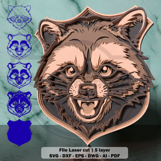 Raccoon Trophy SVG | Layered Raccoon Head Wall Art SVG | Wildlife Animal Laser Cut File | 5 Layer Glowforge & xTool Design