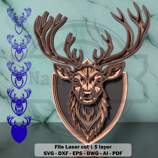 Deer Trophy SVG | Layered Deer Head Wall Art SVG | 5 Layer Stag Laser Cut File for Glowforge, xTool & LightBurn