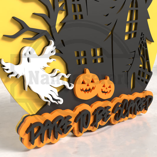 Dare To Be Scared Halloween Round Sign Laser Cut File SVG DXF | Haunted House Ghost Pumpkin Wall Decor | Glowforge LightBurn Digital Download