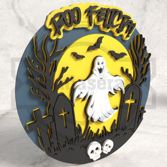 Boo Felicia Halloween Round Sign Laser Cut File SVG DXF | Ghost Graveyard Wall Decor | Glowforge LightBurn Digital Download