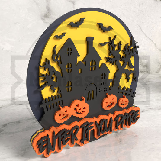 Enter If You Dare Halloween Round Sign Laser Cut File SVG DXF | Haunted House Pumpkin Wall Decor | Glowforge LightBurn Digital Download