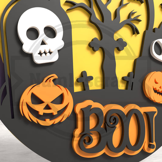 Boo Halloween Round Sign Laser Cut File SVG DXF | Pumpkin Skull Graveyard Wall Decor | Glowforge LightBurn Digital Download