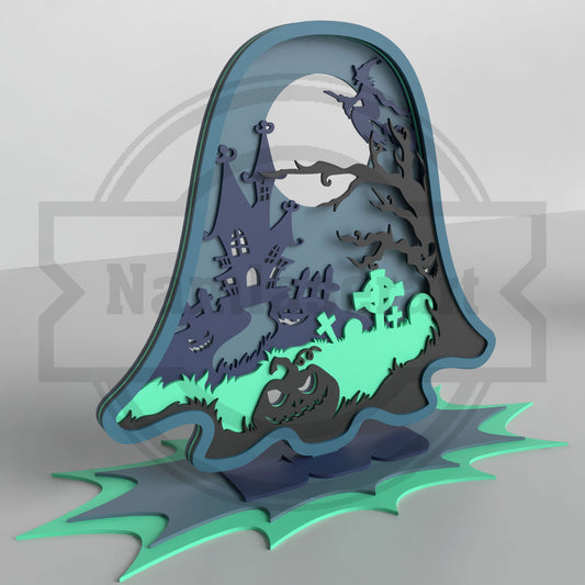 Ghost Halloween Shelf Decor Laser Cut File SVG DXF | Haunted House Witch 3mm Wood Template | Glowforge LightBurn Digital Download