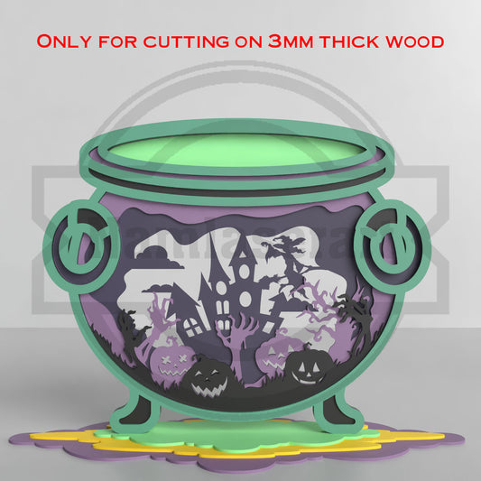 Halloween Cauldron Shelf Decor Laser Cut File SVG DXF | Haunted House Witch 3mm Wood Template | Glowforge LightBurn Digital Download