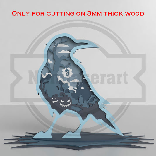 Crow Halloween Shelf Decor Laser Cut File SVG DXF | Haunted Pumpkin Graveyard 3mm Wood Template | Glowforge LightBurn Digital Download