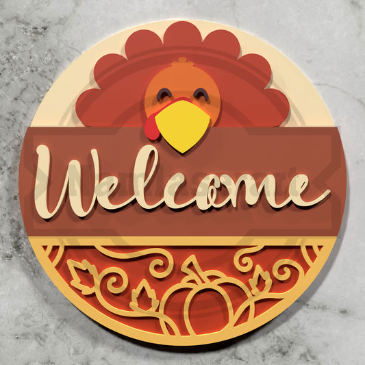 Turkey Welcome Thanksgiving Round Sign Laser Cut File SVG DXF | Fall Door Decor Pumpkin Vine Template | Glowforge LightBurn Digital Download