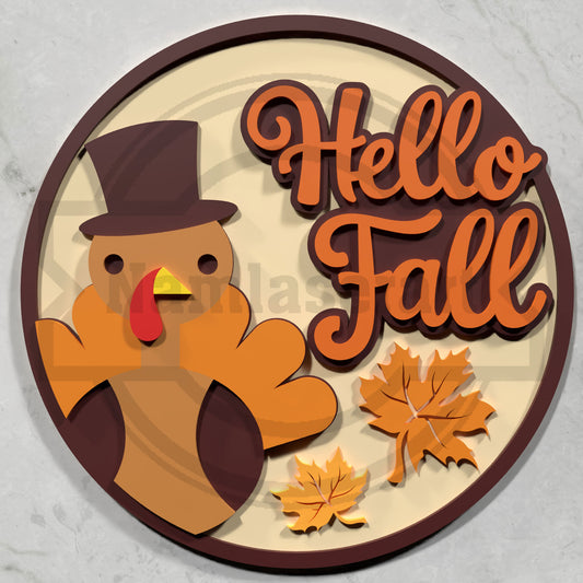 Hello Fall Turkey Round Sign Laser Cut File SVG DXF | Thanksgiving Autumn Door Decor Wood Template | Glowforge LightBurn Digital Download