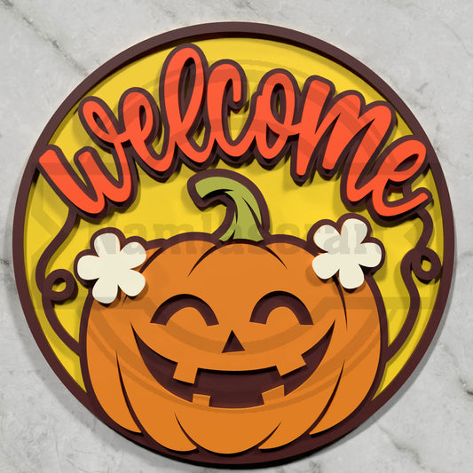 Pumpkin Welcome Fall Round Sign Laser Cut File SVG DXF | Autumn Door Decor Jack O Lantern Template | Glowforge LightBurn Digital Download
