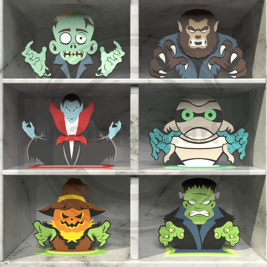 Halloween Monster Shelf Decor Bundle Laser Cut Files SVG DXF | Vampire Zombie Werewolf Mummy Templates | Glowforge LightBurn Digital Download