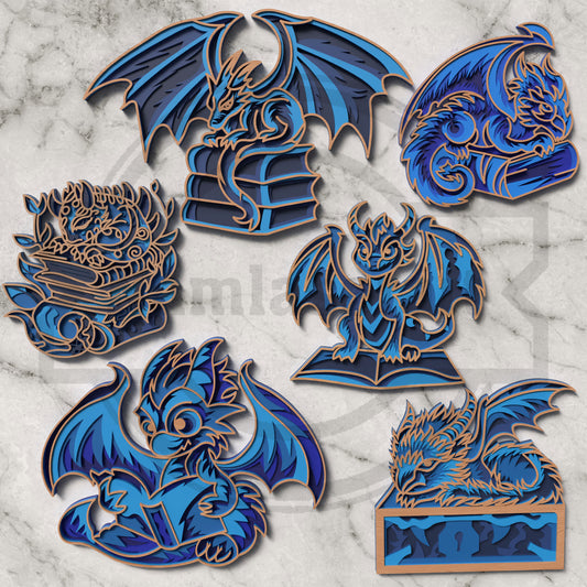 6 Multilayer Dragon Design Laser Cut Bundle | Layered Fantasy Dragon SVG Files | Dragon on Books, Baby Dragon & Bookish Dragon Wall Art for Glowforge, xTool & CNC