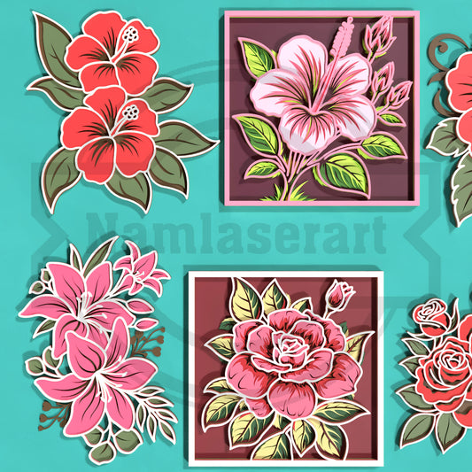 Flower SVG Bundle | 12 Layered Floral Designs | Rose, Hibiscus, Lily, Orchid & Sunflower Laser Cut Files for Glowforge, xTool & LightBurn