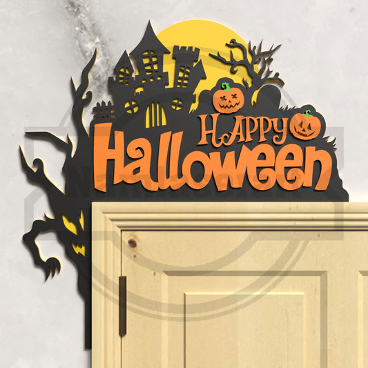 Happy Halloween Door Topper Laser Cut File SVG DXF | Haunted House Pumpkin Door Decor | Glowforge LightBurn Digital Download
