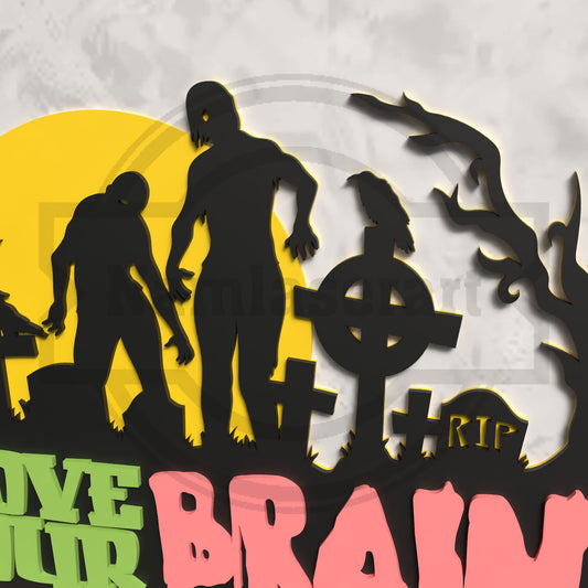 I Love Your Brain Halloween Door Topper Laser Cut File SVG DXF | Zombie Graveyard Door Decor | Glowforge LightBurn Digital Download