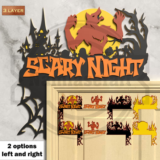 Scary Night Halloween Door Topper Laser Cut File SVG DXF | 3 Layer Werewolf Haunted Castle Door Decor | Glowforge LightBurn Digital Download
