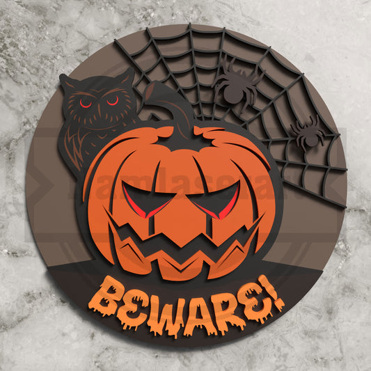 Beware Pumpkin Halloween Round Sign Laser Cut File SVG DXF | Owl Spider Web Wall Decor | Glowforge LightBurn Digital Download
