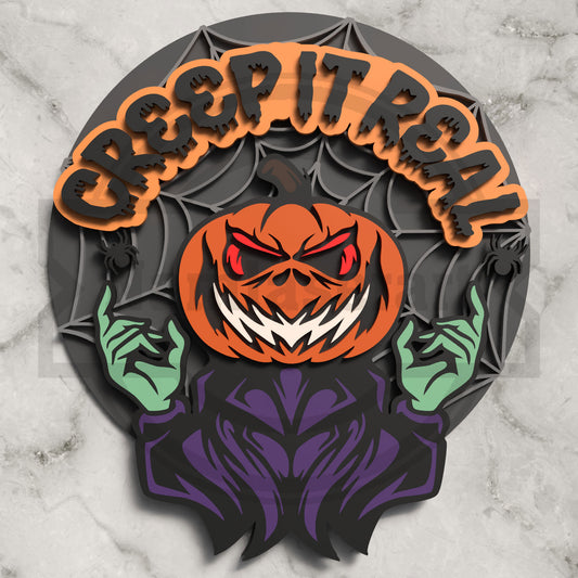 Creep It Real Halloween Sign Laser Cut File SVG DXF | Pumpkin Monster Spider Web Wall Decor | Glowforge LightBurn Digital Download