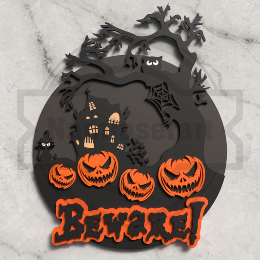Beware Halloween Round Sign Laser Cut File SVG DXF | Haunted House Pumpkin Wall Decor | Glowforge LightBurn Digital Download