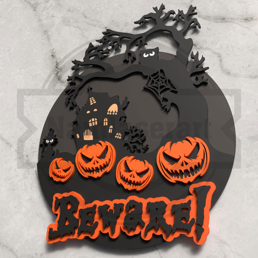 Beware Halloween Round Sign Laser Cut File SVG DXF | Haunted House Pumpkin Wall Decor | Glowforge LightBurn Digital Download