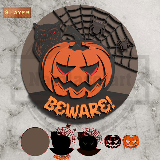 Beware Pumpkin Halloween Round Sign Laser Cut File SVG DXF | Owl Spider Web Wall Decor | Glowforge LightBurn Digital Download