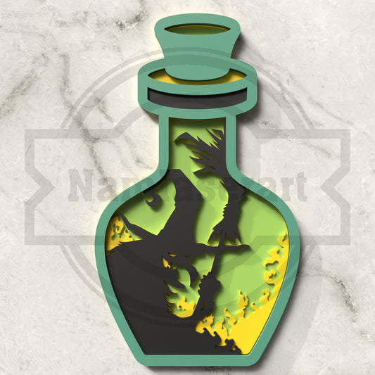 Witch Potion Bottle Halloween Laser Cut File SVG DXF | Broom Flying Witch Ornament 3mm Wood Template | Glowforge LightBurn Digital Download