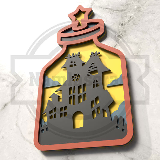 Haunted House Potion Bottle Halloween Laser Cut File SVG DXF | Spooky Ornament 3mm Wood Template | Glowforge LightBurn Digital Download