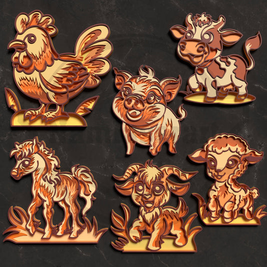 6 Multilayer Farm Animal SVG Bundle | Layered Chicken, Cow, Pig, Horse, Goat & Sheep Laser Cut Files for Glowforge, xTool, LightBurn & CNC