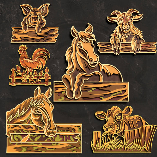6 Multilayer Farm Animal Design Laser Cut Bundle | Layered Pig, Horse, Goat, Rooster, Cow & Farm Scene SVG Files for Glowforge, xTool, LightBurn & CNC