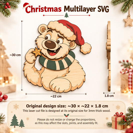 Christmas Polar Bear Multilayer SVG, Layered Laser Cut File, Wooden Santa Bear Wall Decor, Holiday Wood Art, Digital Download