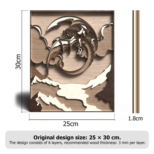 Dragon Mountain Landscape SVG | Fantasy Dragon Layered Wall Art SVG | Dragon Scene Laser Cut File | 3D Wooden Dragon Decor for Glowforge, xTool & CNC