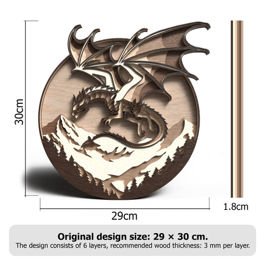 Dragon Mountain Layered SVG | Flying Dragon Mountain Scene Laser Cut File | Fantasy Dragon Wall Art SVG | 3D Wooden Dragon Decor for Glowforge, xTool & CNC