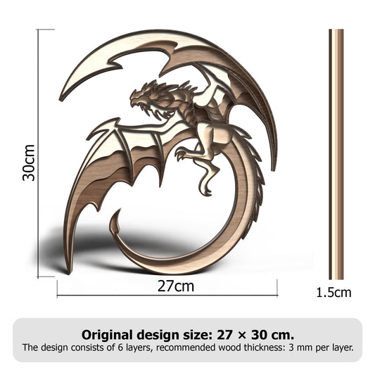 Dragon Circle Layered SVG | Flying Dragon Wall Art Laser Cut File | Fantasy Dragon Mandala SVG | 3D Wooden Dragon Decor for Glowforge, xTool & CNC