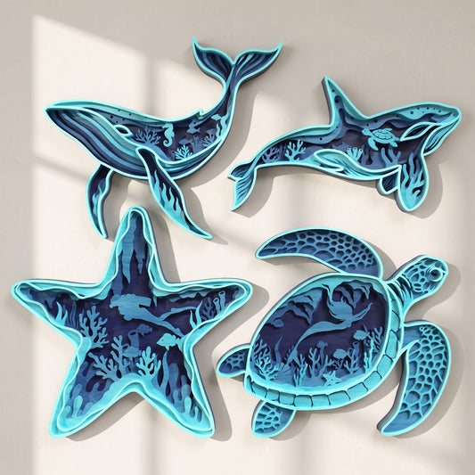 3D Multilayer Sea Life Wall Art Bundle SVG DXF Ocean Animals Plaque Laser Cut Files Compatible with All Machines