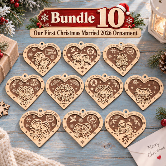 Our First Christmas Married Ornament Laser Cut Bundle, 10 Couple Heart Christmas Ornament Designs, Wedding Keepsake Digital Download