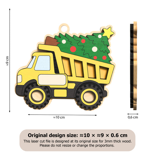 10 Christmas Vehicle Ornament Bundle, Construction Truck Tree Decorations, Laser Cut Wood Ornament Digital Download