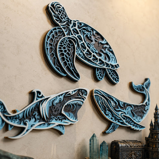 SVG DXF File Multilayer Ocean Animals Bundle Laser Cut 3D Sea Turtle Shark Whale Vector Design for Glowforge Wall Art | CUTSVG.COM