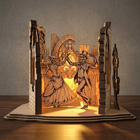 3D Halloween Skeleton Dancing Couple Light Box Gothic Ruins Lantern Laser Cut Vector Design for Glowforge Table Decor