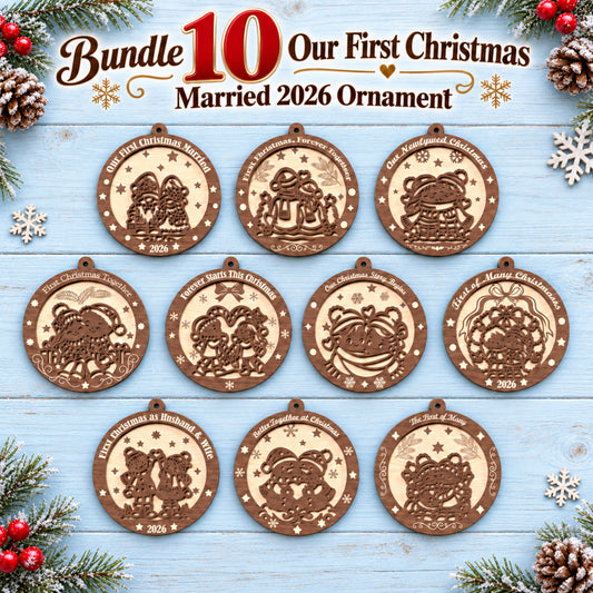 Our First Christmas Married Ornament Laser Cut Bundle, 10 Couple Wedding Christmas Keepsake Digital Designs