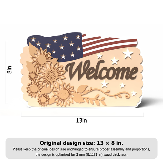 Patriotic Sunflower Welcome Sign Laser Cut File | USA Flag Door Hanger SVG | Layered Wooden Welcome Decor | Independence Day CNC Pattern