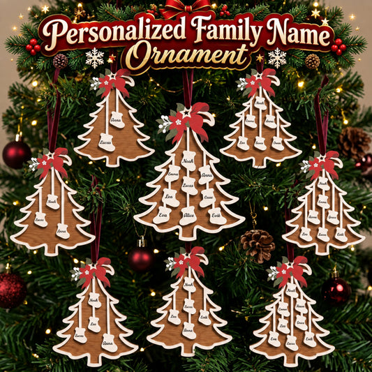 Personalized Family Name Christmas Ornament Laser Cut File, Wooden Stocking Family Tree Decor, Custom Holiday Gift, Digital Download