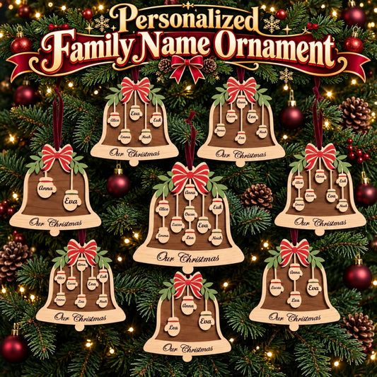 Personalized Family Name Christmas Ornament Laser Cut File, Bell Shaped Wooden Ornament, Custom Family Keepsake, Digital Download