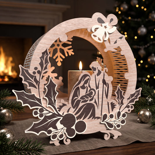Christmas Round Lantern Laser Cut Bundle, 6 Wooden Candle Holder Designs, Nativity Angel Santa Holiday Table Decor, Digital Download