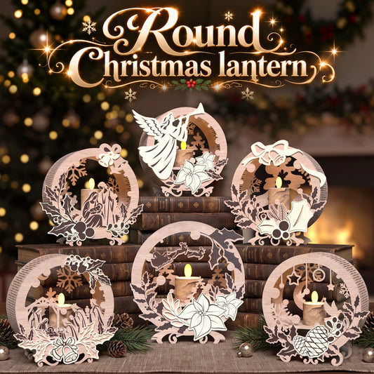 Christmas Round Lantern Laser Cut Bundle, 6 Wooden Candle Holder Designs, Nativity Angel Santa Holiday Table Decor, Digital Download