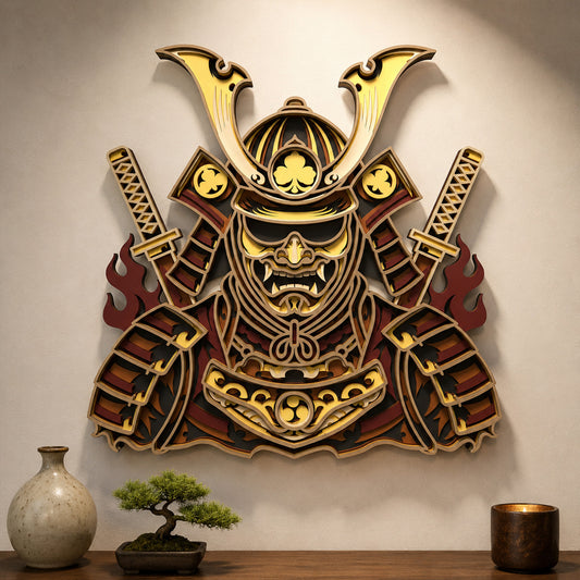 SVG DXF File Multilayer Samurai Helmet Laser Cut 3D Japanese Warrior Design for Glowforge Wall Art | CUTSVG.COM