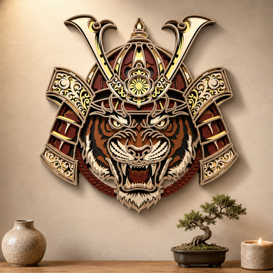 SVG DXF File Multilayer Tiger Samurai Laser Cut 3D Japanese Kabuto Design for Glowforge Wall Art | CUTSVG.COM