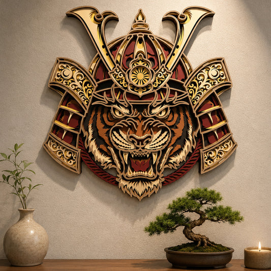 SVG DXF File Multilayer Tiger Samurai Laser Cut 3D Japanese Kabuto Design for Glowforge Wall Art | CUTSVG.COM