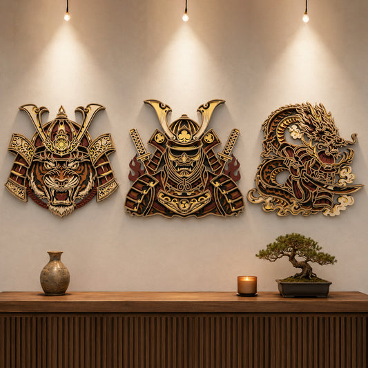 SVG DXF File Multilayer Samurai and Dragon Laser Cut 3D Japanese Warrior Wall Art Bundle for Glowforge | CUTSVG.COM