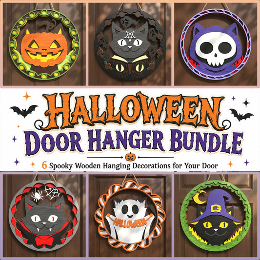 3D Halloween Door Hanger Bundle Cute Black Cat Pumpkin Ghost Sign Laser Cut Vector Design for Glowforge Table Decor