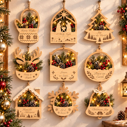 Christmas Hanging Basket Laser Cut Bundle, 9 Wooden Wall Pocket Designs, Holiday Greenery Holder, Christmas Wall Decor, Digital Download