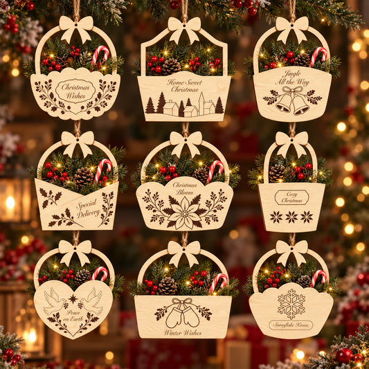 Christmas Basket Ornament Bundle, 9 Hanging Wooden Holiday Decorations, Laser Cut Greenery Holder Digital Download