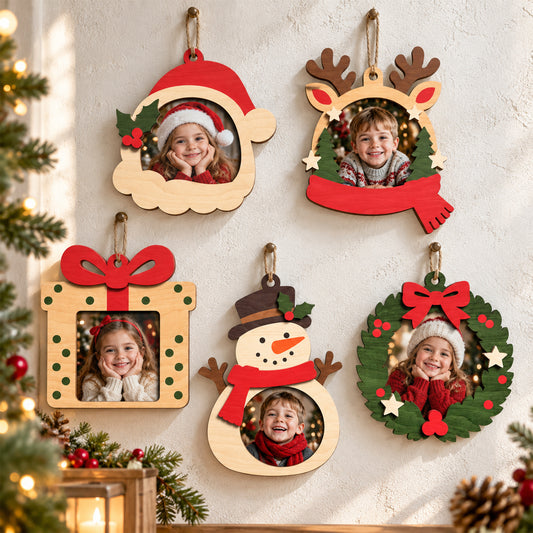 Bundle 5 Christmas Photo Ornament Laser Cut Files, Wooden Picture Frame Ornament, Santa Reindeer Snowman Wreath, Digital Download
